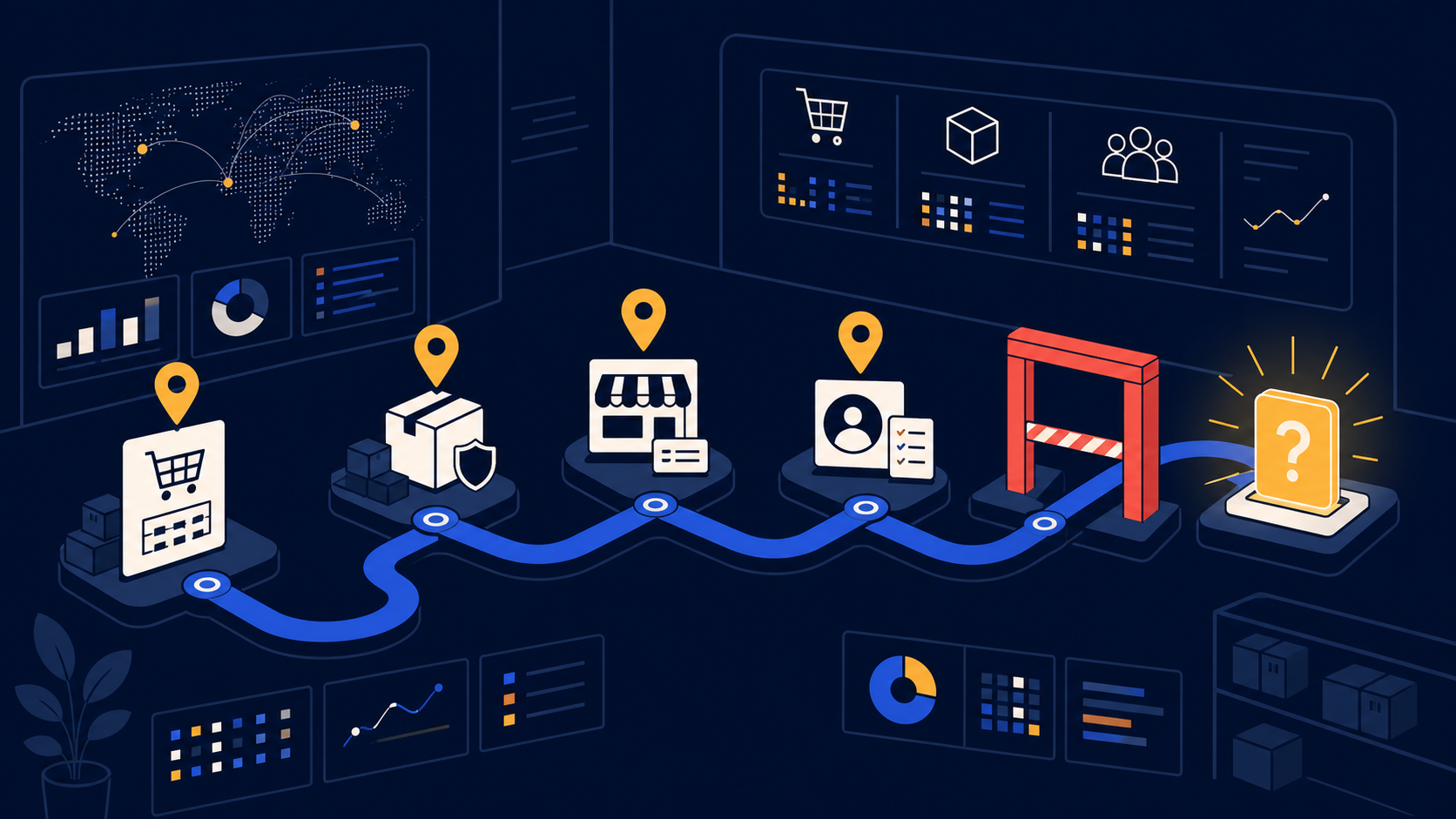 Illustration of one marketplace question moving along a blue path through information stops and a review gate